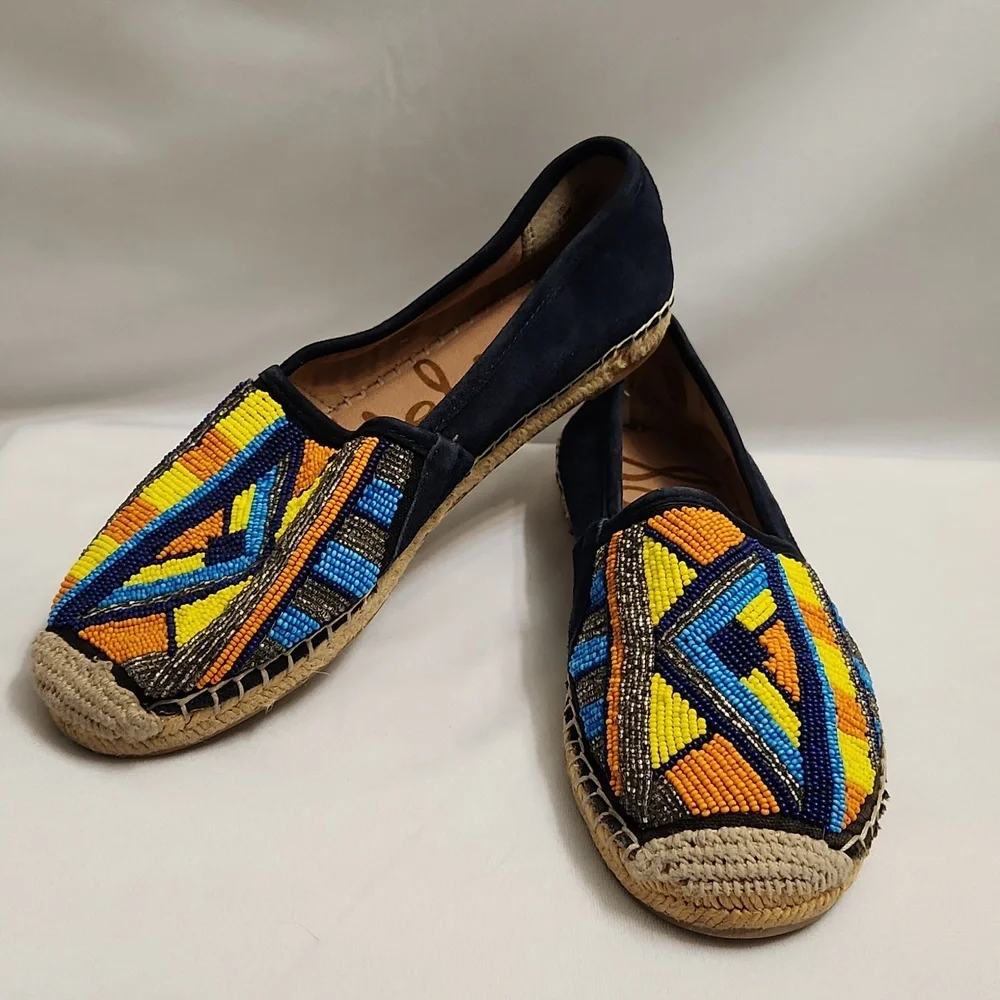 Sam Edelman Maris Colorful Beaded Aztec Tribal Suede Espadrilles (W Size 7.5)